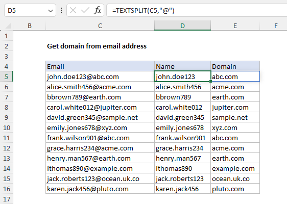 Get domain from email with the TEXTSPLIT function