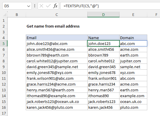 Using TEXTSPLIT to get name and domain from an email address