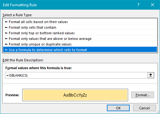 A conditional formatting rule to highlight blank cells