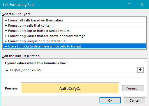 Conditional formatting rule to highlight specific day of week