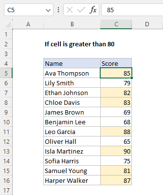 Using conditional formatting to highlight scores greater than 80