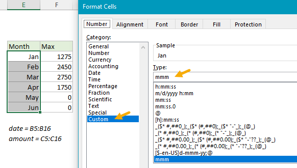 Custom number format to display months in column E