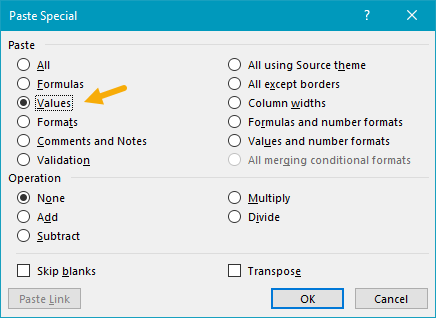 Select Values in the Paste Special window