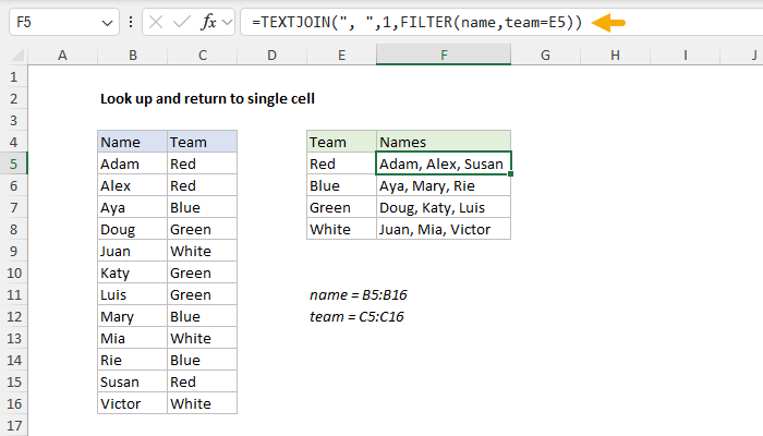 Excel formula: Look up and return to single cell