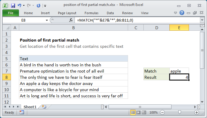 Excel Formula Position Of First Partial Match Exceljet