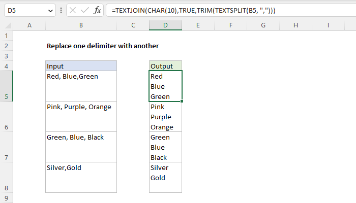 Excel formula: Replace one delimiter with another