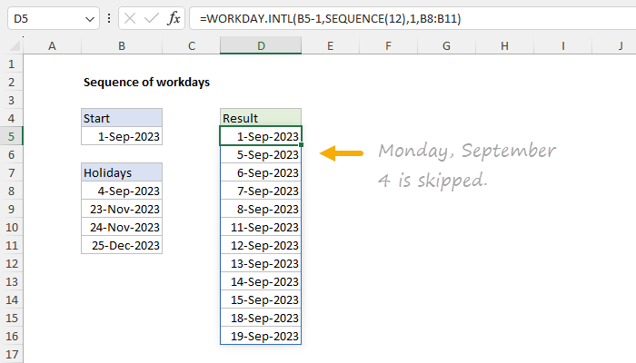 Excel formula: Sequence of workdays