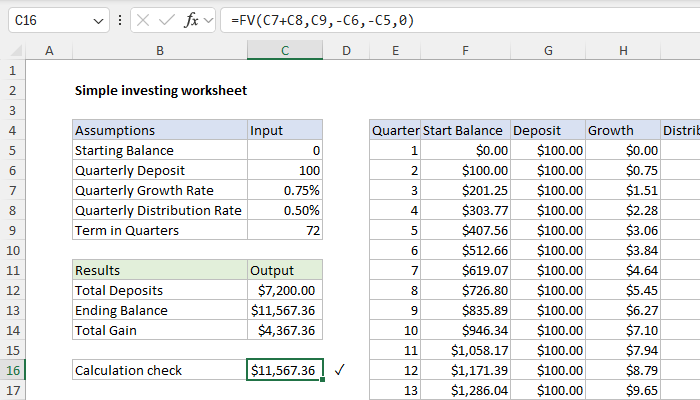 Excel formula: Simple investing worksheet