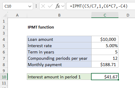 Example of using IPMT to calculate interest for period 1