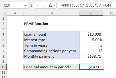 Example of the PPMT function to calculate the principal amount in period 1
