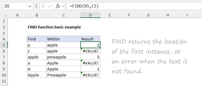 Excel FIND function - basic example