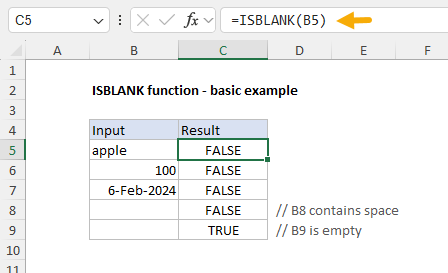 ISBLANK example - test for empty cells in column B