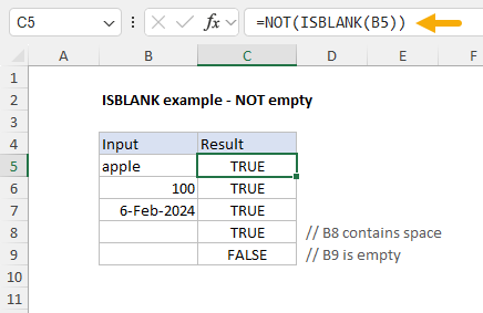 ISBLANK example - test for non-empty cells in column B