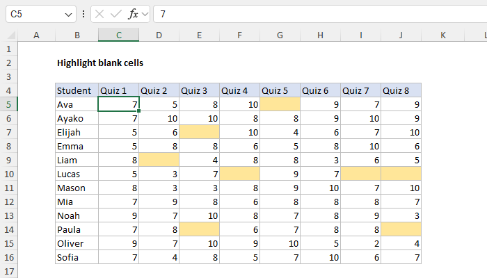ISBLANK example - conditional formatting to highlight empty cells