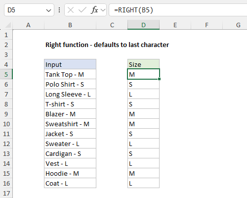 RIGHT function example - extract last character