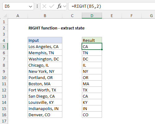 RIGHT function example - extract state abbreviation