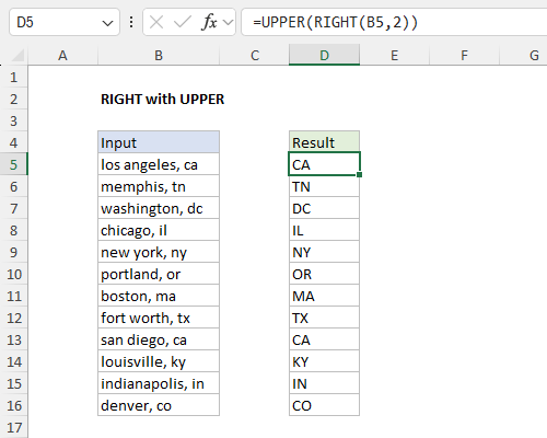 RIGHT function example - RIGHT with UPPER