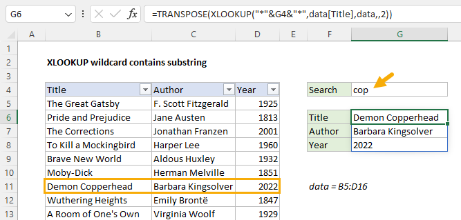 XLOOKUP - contains substring example