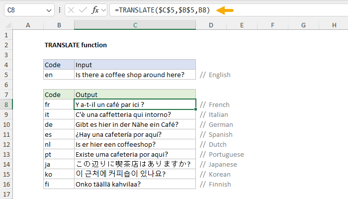 Excel TRANSLATE function