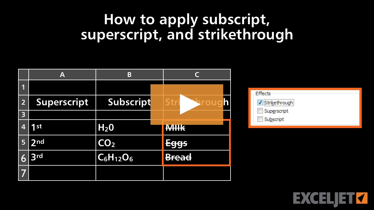 How to apply subscript, superscript, and strikethrough formatting in Excel