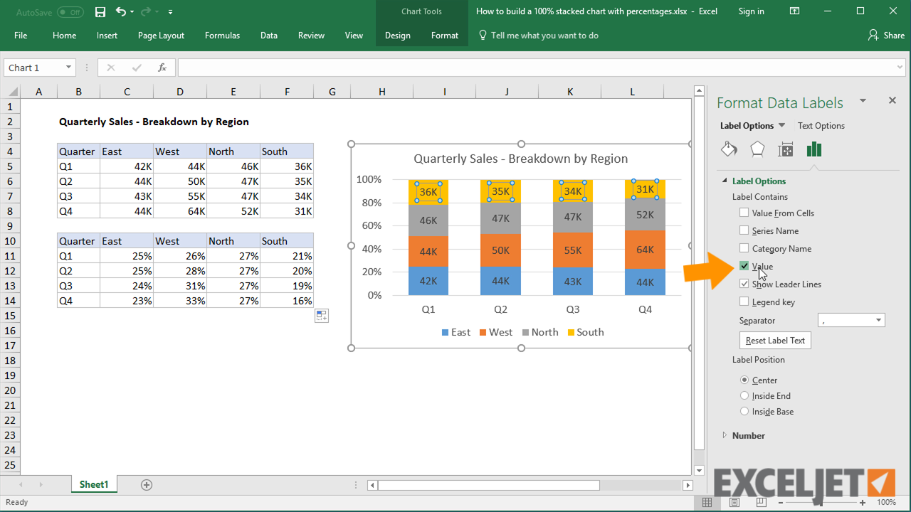 Excel tutorial: How to build a 100% stacked chart with percentages