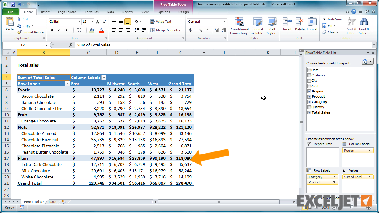 how to remove subtotals from pivot