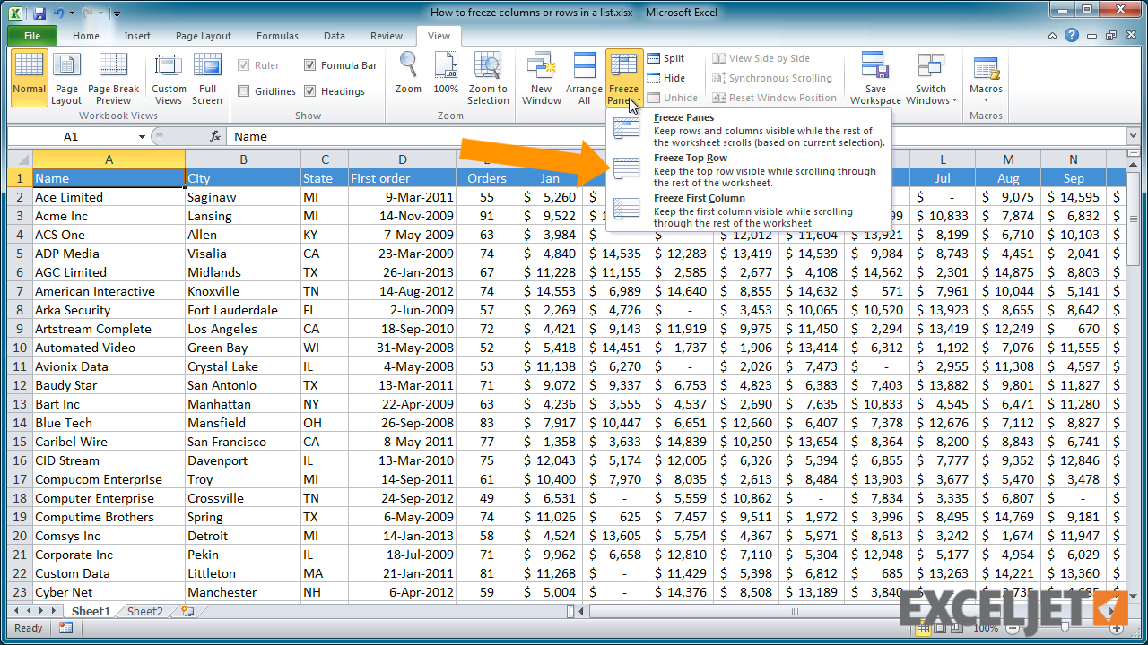 by sort rows together excel column keep to or columns list in How freeze Excel rows a tutorial: