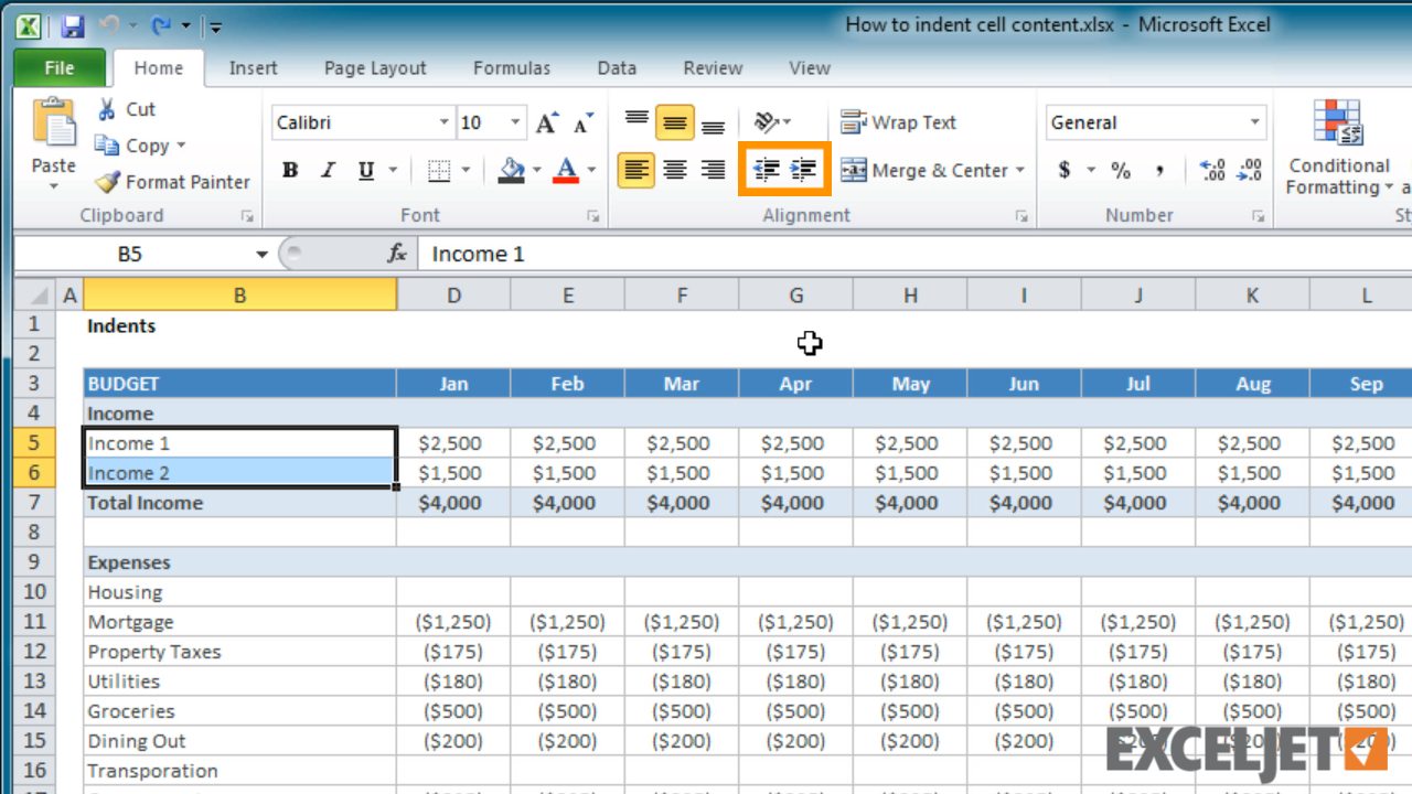 Excel indent cell formula