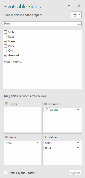 Pivot table rank example field configuration