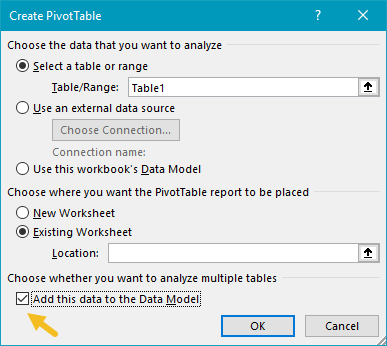 Pivot table unique count add to data model