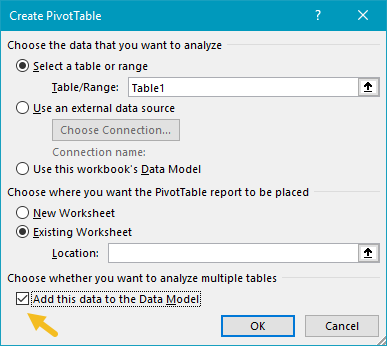 Tableau croisé dynamique compte unique ajouter au modèle de données