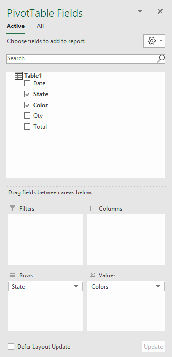 Pivot table unique count field configuration