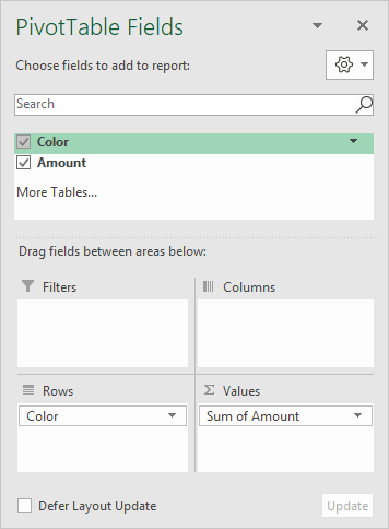 Pivot table basic sum field list