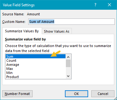 Value settings for Amount field