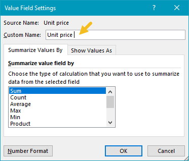 Unit Price value field settings