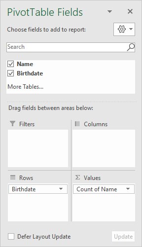 Field list for birthdays per month pivot table