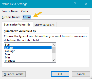 Pivot table count by month count settings