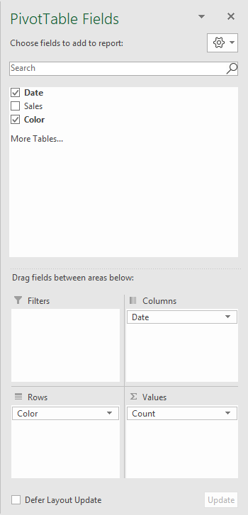 Pivot table count by year field list