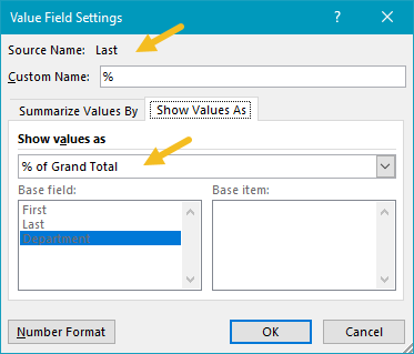Pivot table count with percentage - percent of grand total