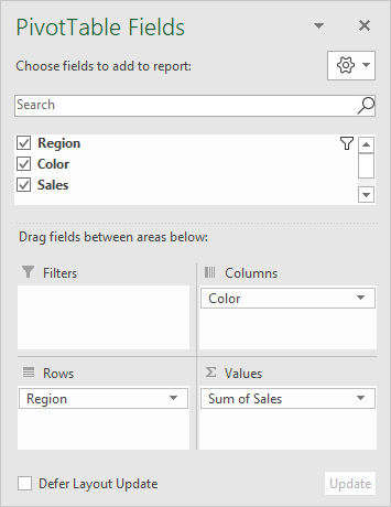 Field list used for pivot table as shown