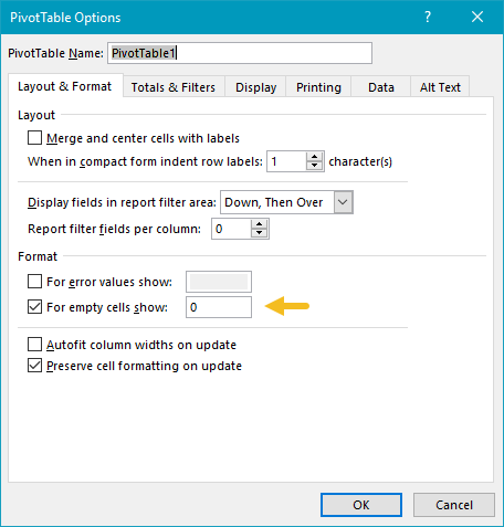 General pivot table settings - zero for empty cells