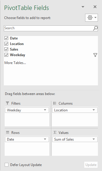Pivot table filter by weekday field configuration