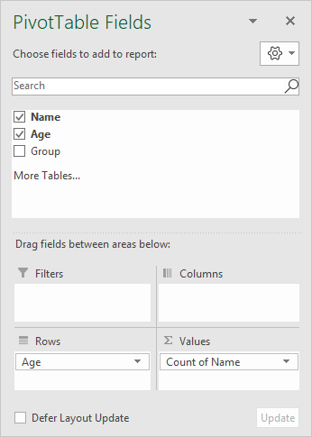 Pivot table group by age field list