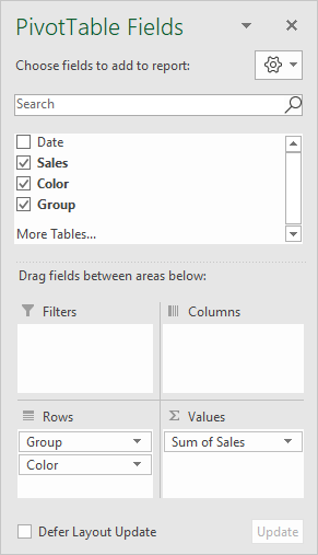 Pivot table group by custom - field list