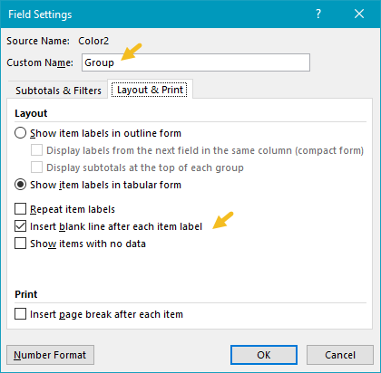 Grouping field set to insert blank line