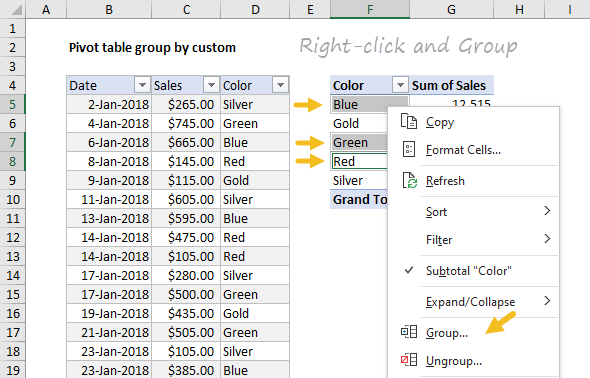 Select cells, then right-click and select Group