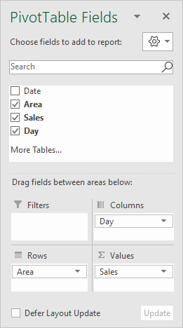 Pivot table group by day of week - field list