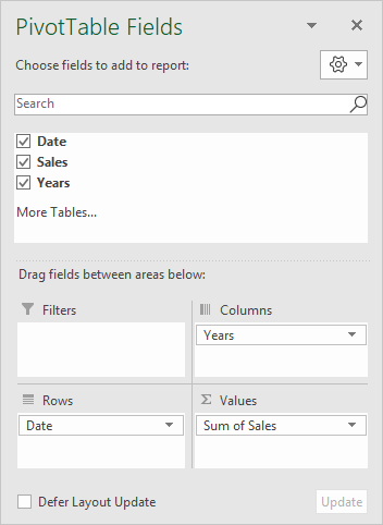 pivot table group by quarter field list