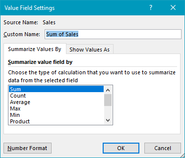 Value field is set to sum sales