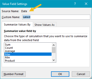 Pivot table latest values - date field settings